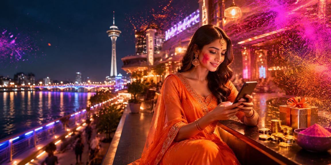 Player enjoying Aviator flight betting game on mobile phone near Ahmedabad riverfront