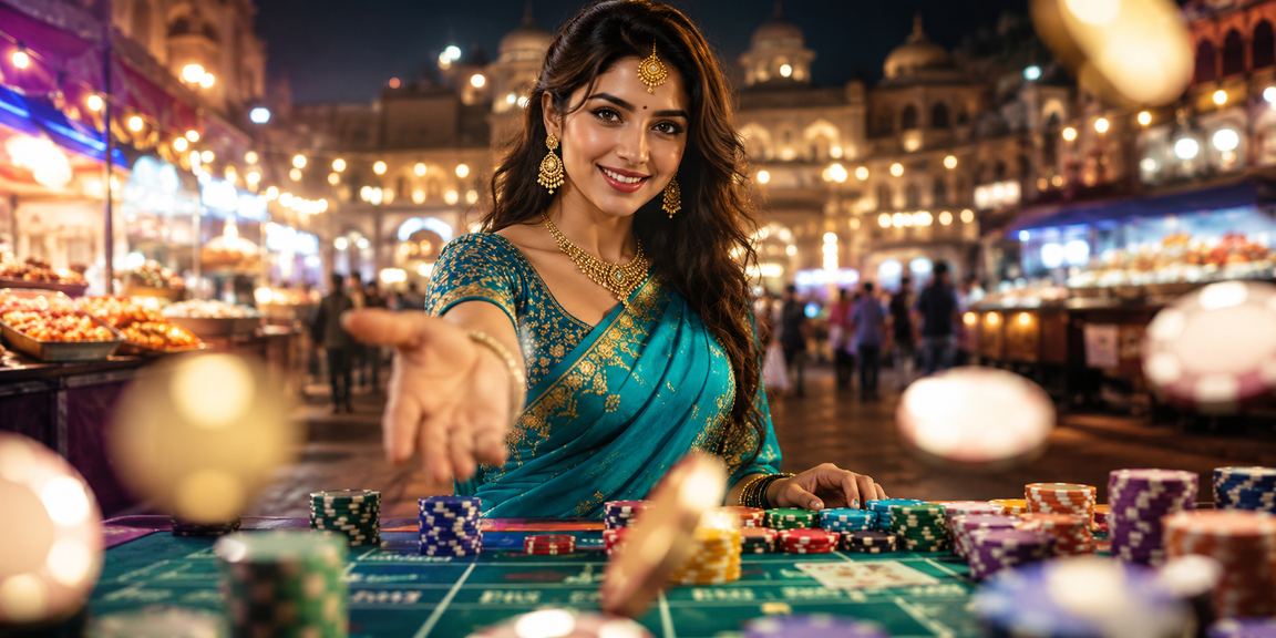 Indian woman playing baccarat in casino with focus on responsible gaming